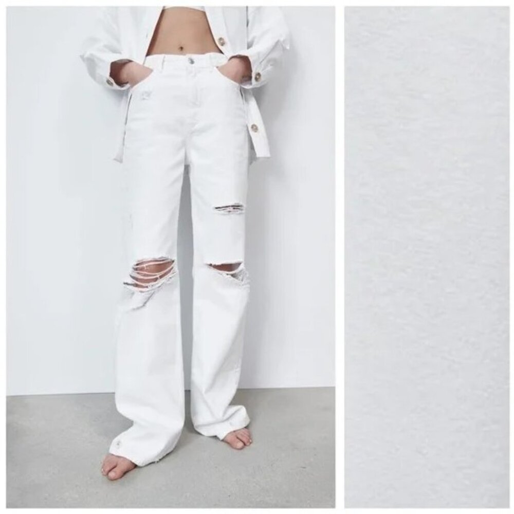 NWT Zara White Wide Leg Full Length Ripped Jeans SZ 8 Super High Rise Distressed - Picture 3 of 12